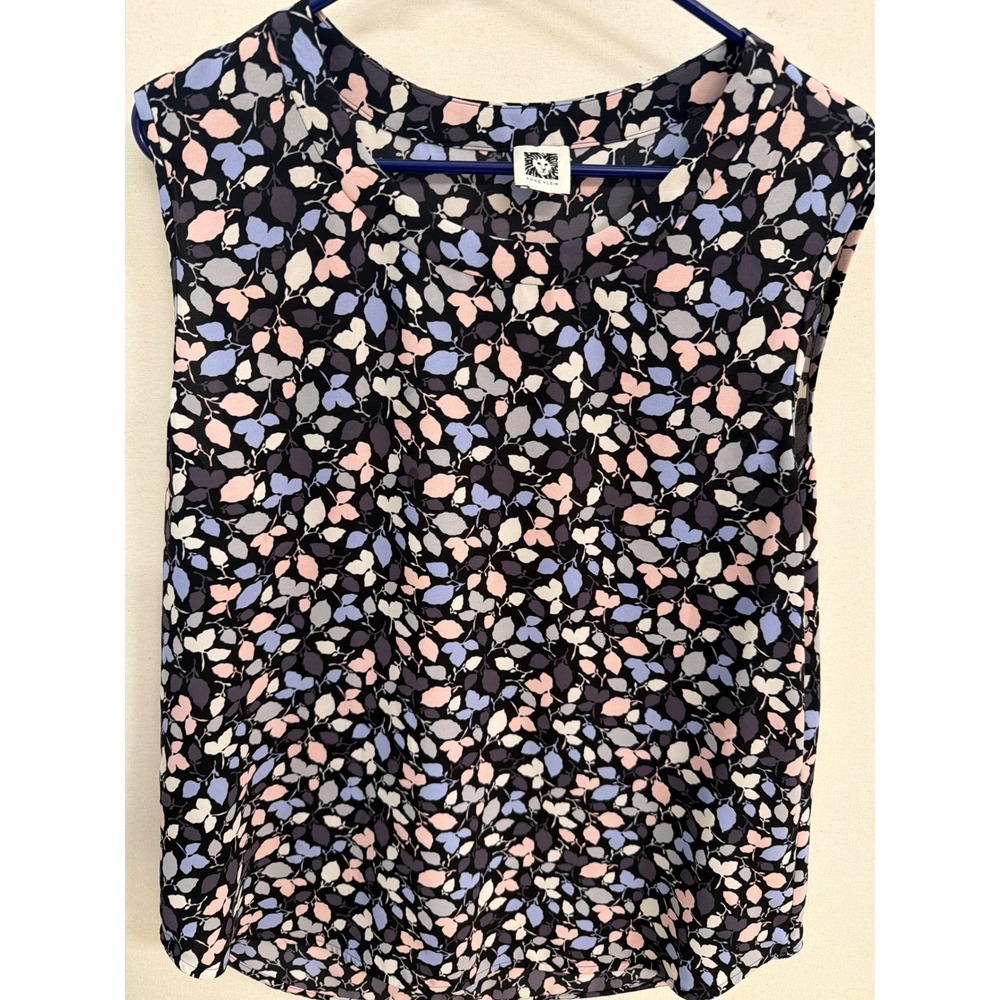 Anne Klein Sleeveless Shell Top Black Blue Pink Floral Leaf Print Blouse